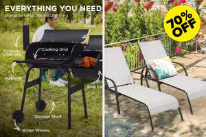 Left: BBQ grill with labeled parts. Right: Two lounge chairs. Top right corner shows "70% OFF" text. This image is for a shopping article
