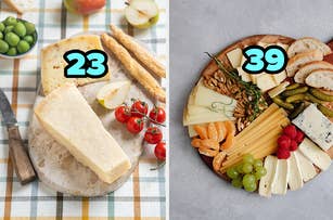 Two cheeseboards with numbers on top. Left board (#23) has cheese, cherry tomatoes, breadsticks, and fruit. Right board (#39) has assorted cheese, bread, and fruit