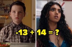 I don't know who these people are. The image shows two individuals, one is a child sitting at a table, and the other is an astonished teen. The text between them reads "-13 + 14 = ?"