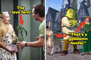 Left image: Scene from movie, woman (Kate Hudson) surprised, holding a wilting plant, man (Matthew McConaughey) pointing at it with caption: "The love fern!"

Right image: Scene from Shrek, Shrek and Donkey observing Puss in Boots with caption: "That's a 