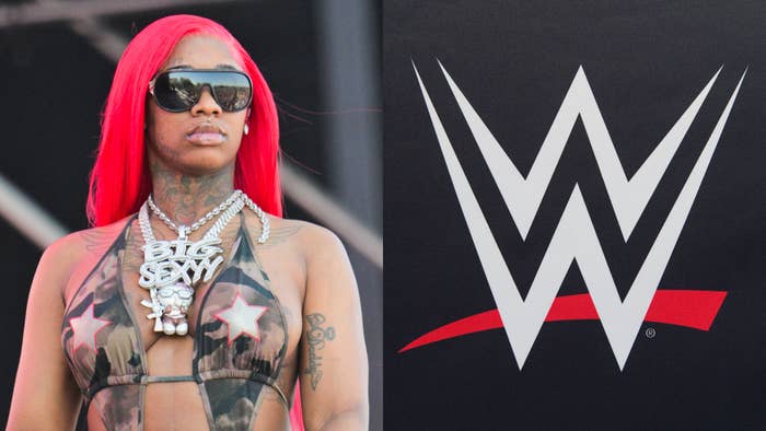 Sexyy Red wears a sheer outfit with star accents and a &quot;Big Sexy&quot; necklace; standing next to the WWE logo