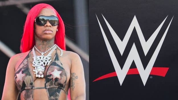 Sexyy Red wears a sheer outfit with star accents and a "Big Sexy" necklace; standing next to the WWE logo