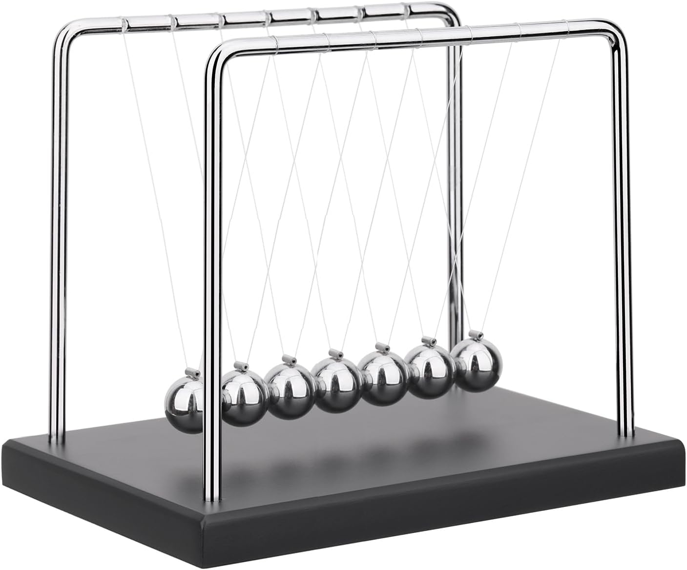 Newton&#x27;s cradle with six metal spheres on a black base, used to demonstrate conservation of momentum and energy