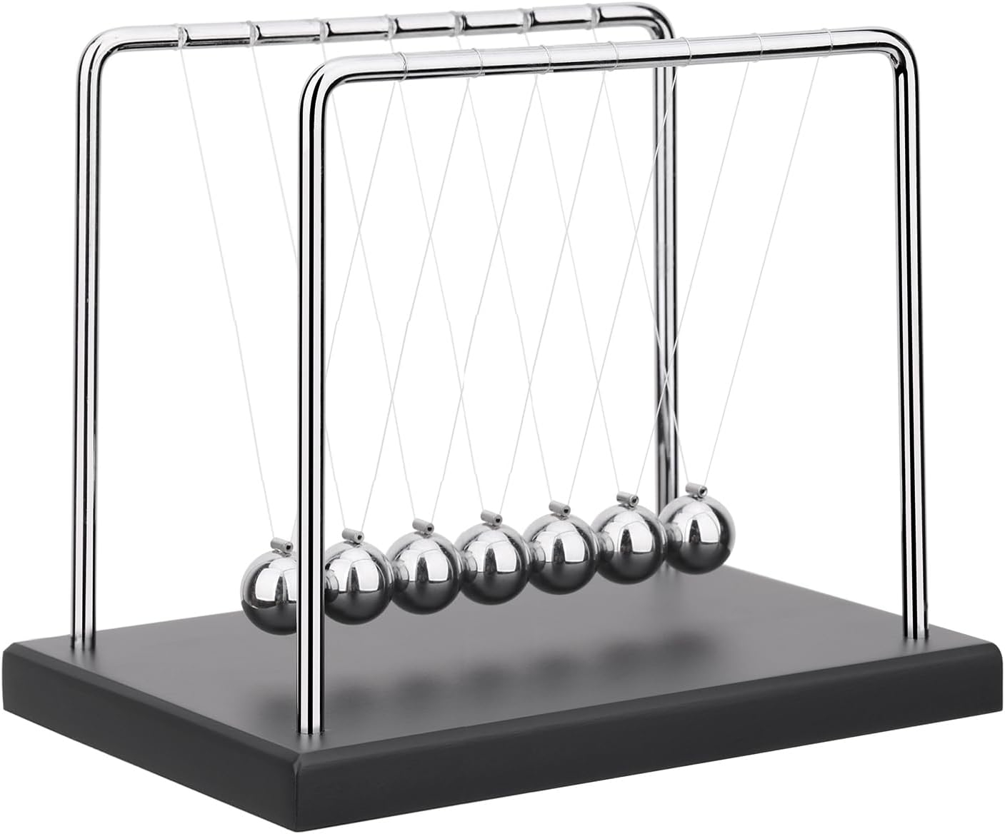 Newton's cradle with six metal spheres on a black base, used to demonstrate conservation of momentum and energy
