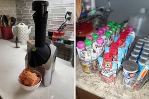 Left: Kitchen with a Yonanas machine and a bowl of frozen fruit. Right: clear organizers filled with snacks