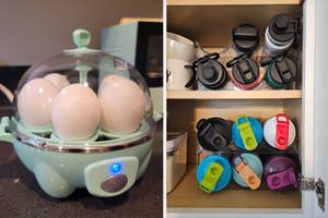 An egg cooker with six eggs is on a kitchen counter on the left; on the right, a cabinet neatly stores water bottles and travel mugs in an organized manner