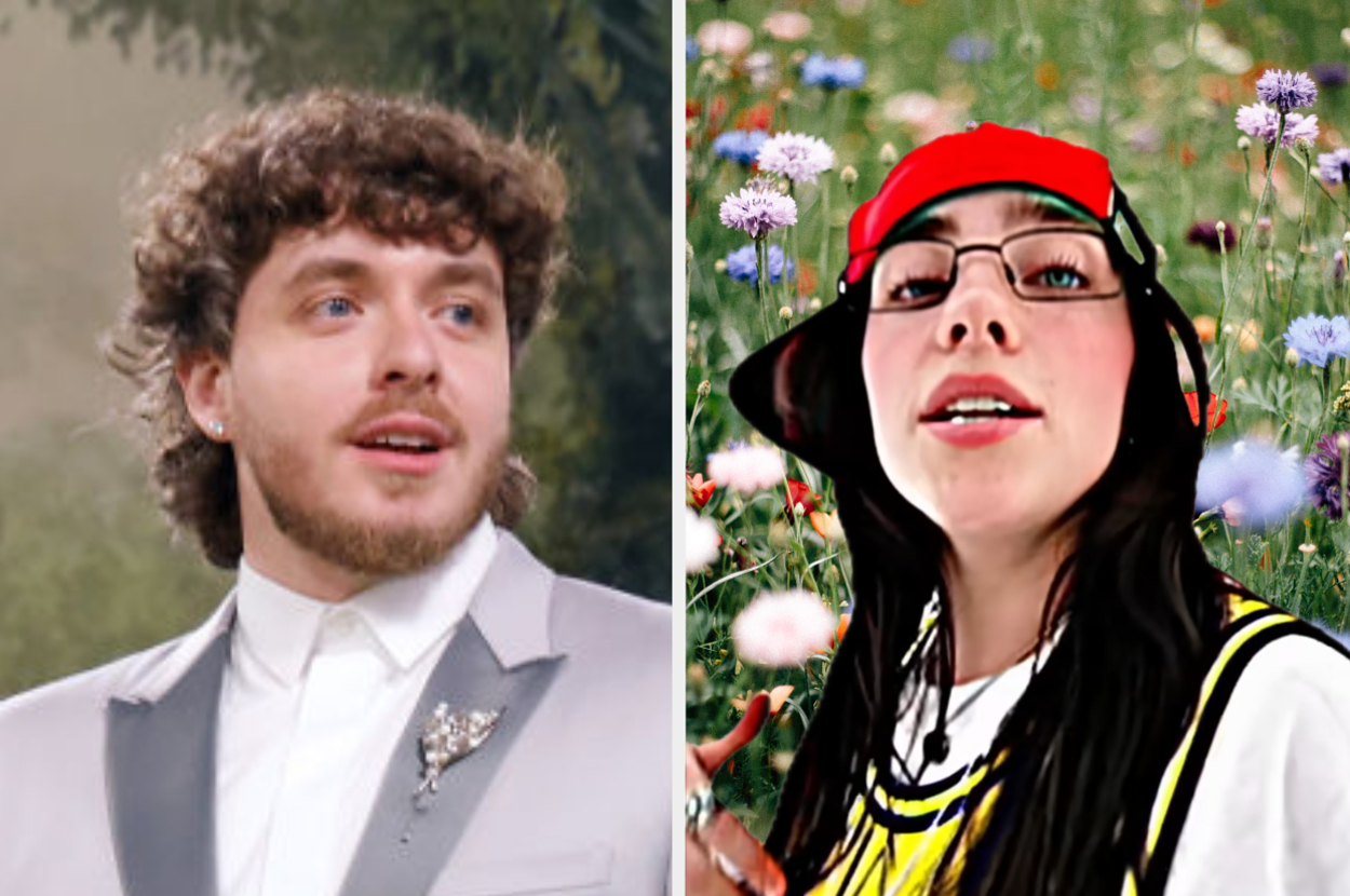 Jack Harlow in a suit with a brooch, next to Billie Eilish in a sporty outfit with a cap and glasses, both appear in outdoor settings