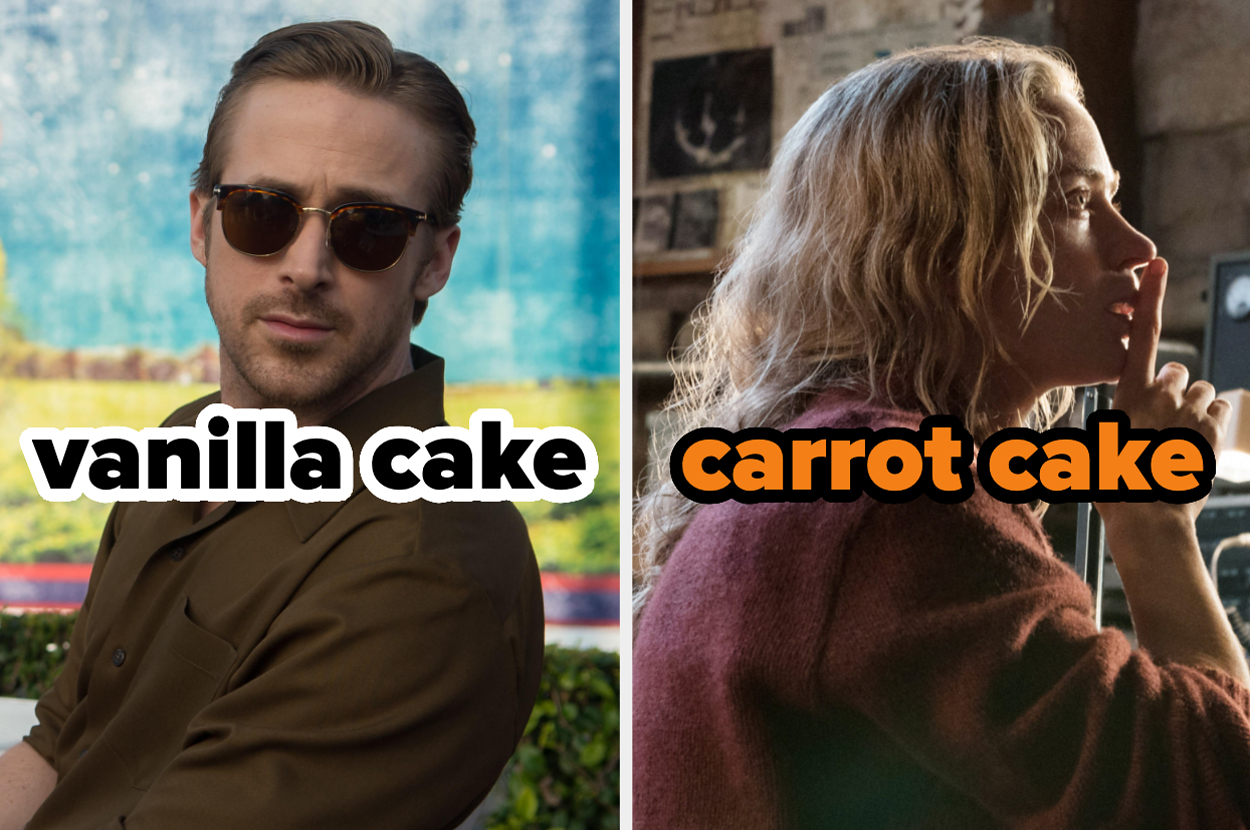 On the left, Ryan Gosling as Sebastian in La La Land labeled vanilla cake, and on the right, Emily Blunt making a shh motion as Evelyn in A Quiet Place labeled carrot cake
