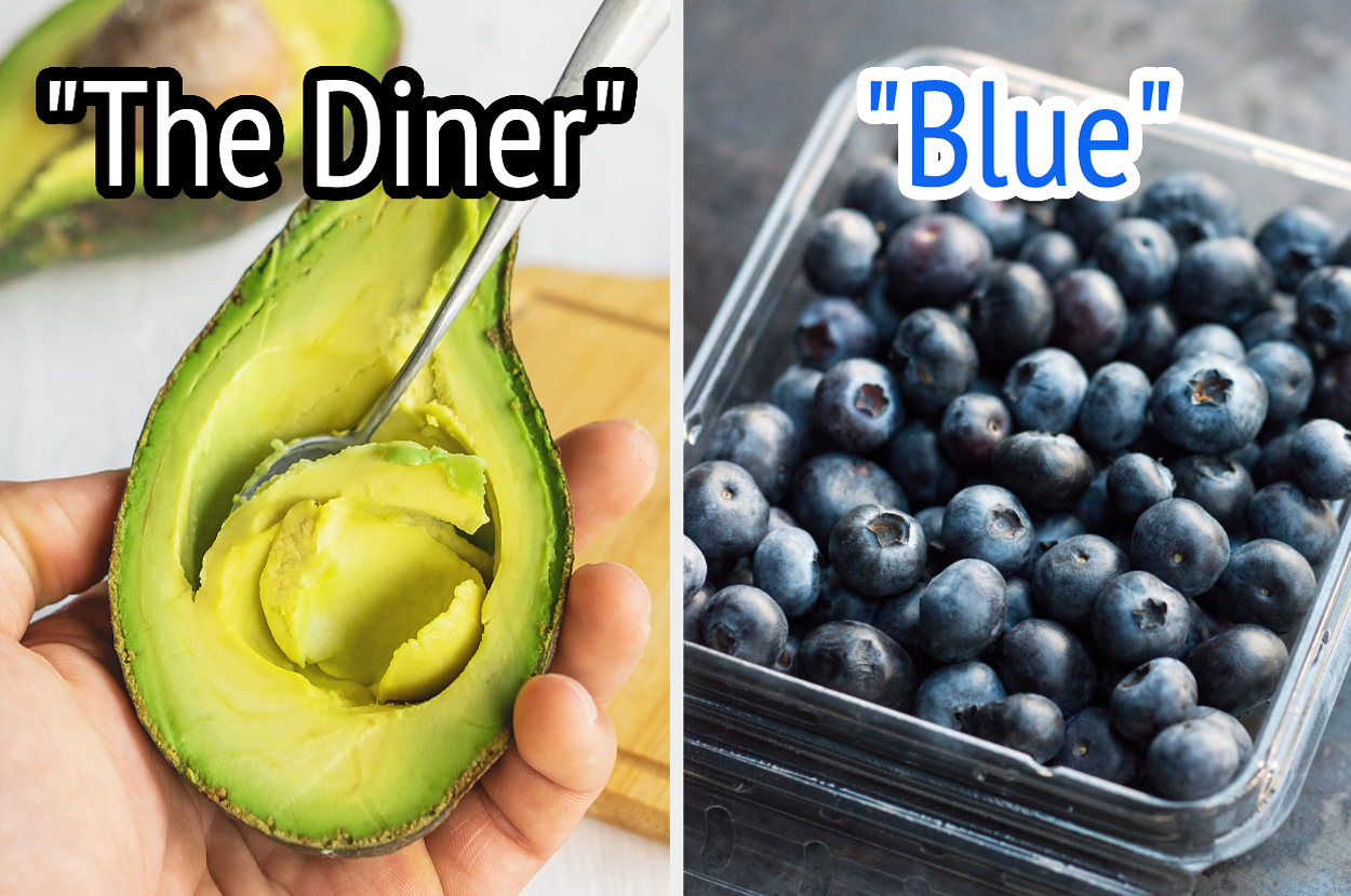 On the left, half an avocado labeled The Diner, and on the right, a container of blueberries labeled blue