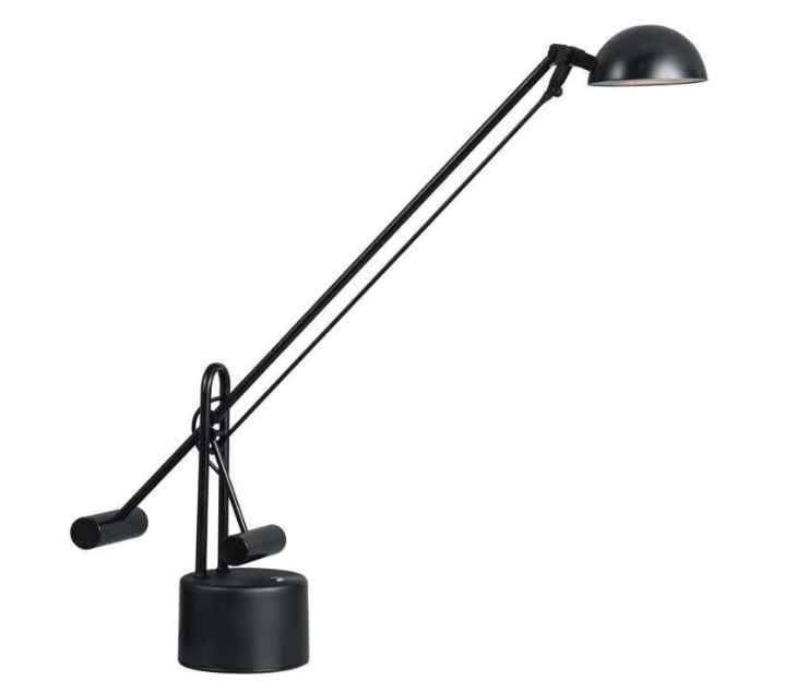A sleek, modern black desk lamp with an adjustable arm and circular base