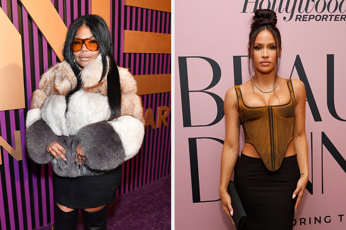 Not sure who they are. On the left, a woman in a fur coat and sunglasses. On the right, a woman in a modern brown bustier top and black skirt