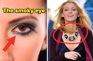 Left image: Close-up of a woman’s eye with dark smoky eye makeup; Right image: Blake Lively smiling, with a circle around her statement necklace