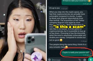 Person looks surprised at phone displaying a message conversation questioning cryptocurrency validity with emojis