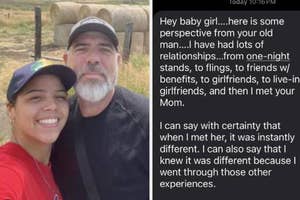 A woman in a red shirt and a man in a black shirt with a white beard and cap smile for a selfie. Nearby text discusses one man's past relationships and meeting his current partner, the woman's mother