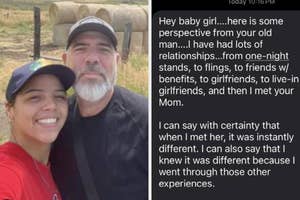 A woman in a red shirt and a man in a black shirt with a white beard and cap smile for a selfie. Nearby text discusses one man's past relationships and meeting his current partner, the woman's mother