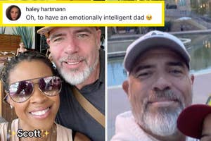 Two photos show a man with gray hair and beard, named Scott. In one photo, he's with a woman; in the other, he's alone. A caption reads, "Oh, to have an emotionally intelligent dad."