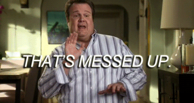 Eric Stonestreet from "Modern Family," wearing a striped shirt, expresses disbelief with the text "THAT'S MESSED UP" overlaid on the image