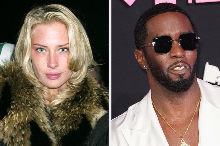 Left: Crystal McKinney in a fur-collared coat. Right: Sean "Diddy" Combs in a white suit with sunglasses at a music event