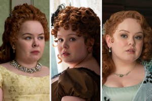 Nicola Coughlan in three different period costumes from "Bridgerton" portraying her character in various scenes