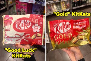 "Good Luck" KitKats and "Gold" KitKats held in hand at a store with multiple snacks displayed in the background