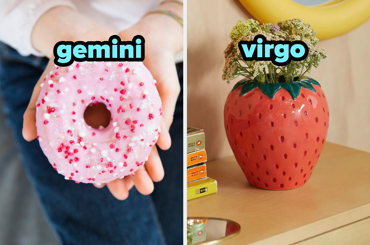 Left: A person holds a pink donut with "gemini" text. Right: A strawberry-shaped vase with flowers, labeled "virgo"