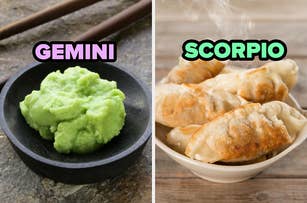 Side-by-side image: left shows a black dish of wasabi labeled "Gemini," right shows a bowl of steaming dumplings labeled "Scorpio."