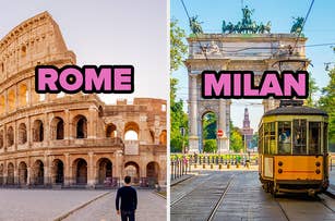 Side-by-side images of the Colosseum in Rome and a street with a vintage tram in Milan near Arco della Pace. Large text reads "ROME" on the left and "MILAN" on the right
