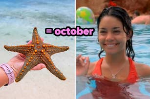 A hand holds a starfish next to Vanessa Hudgens smiling in a swimming pool. Text reads "October."