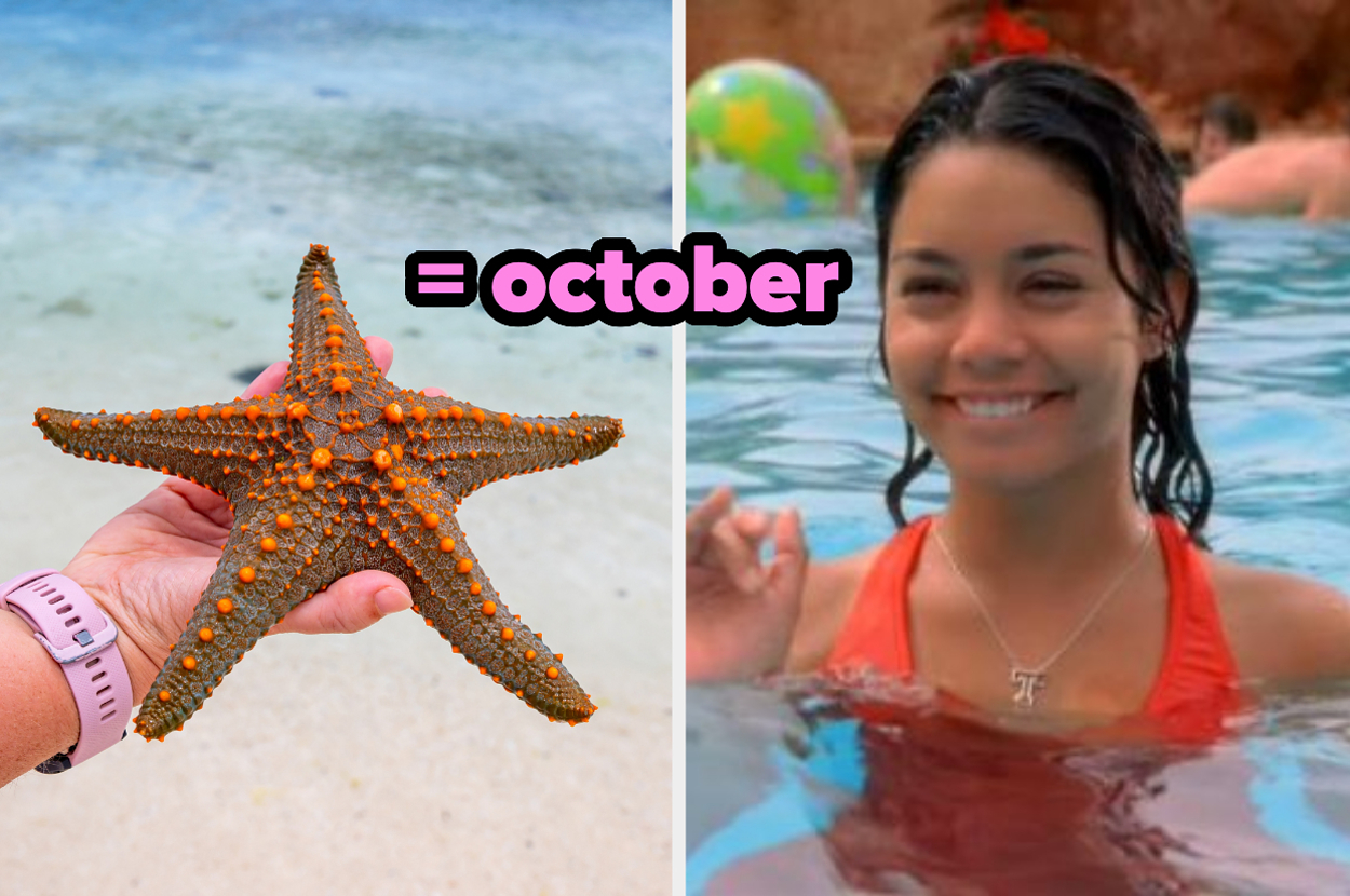 A hand holds a starfish next to Vanessa Hudgens smiling in a swimming pool. Text reads "October."