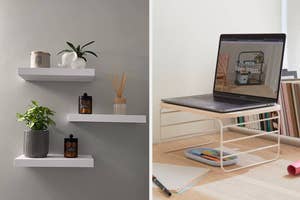 Left: Floating shelves hold plants, candles, and a white elephant figurine. Right: A laptop displaying "Hi, we're Open Spaces" sits on a desk with books and stationery