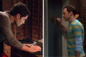 Penn Badgley intensely typing on a laptop on the left; Jim Parsons in a striped shirt knocks on a door on the right