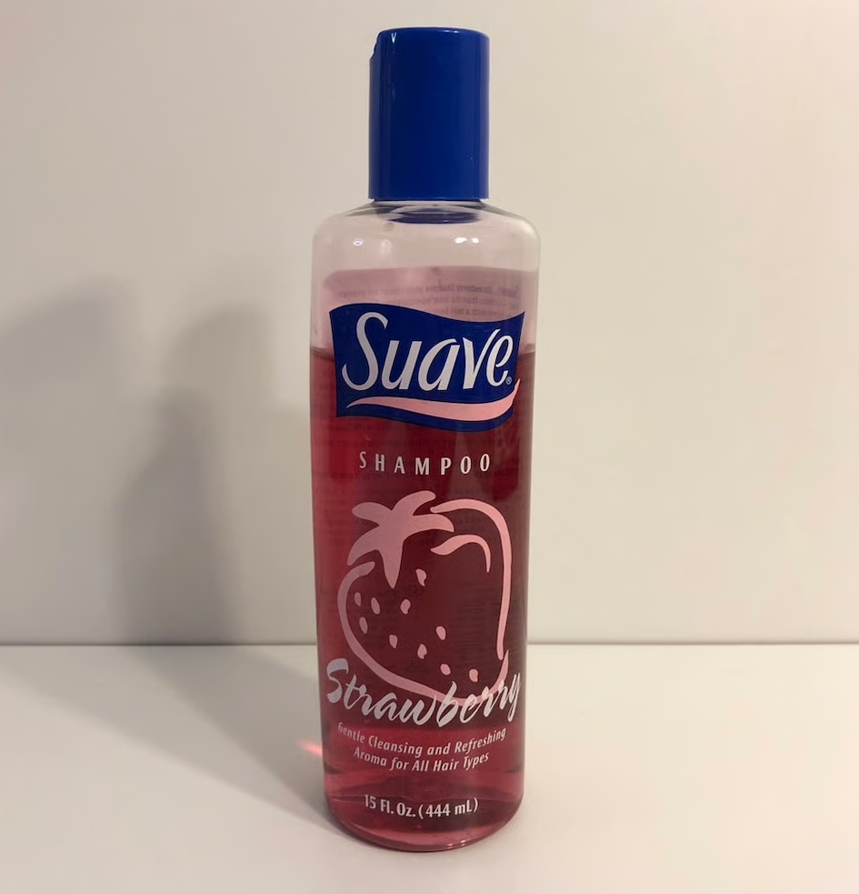 Suave strawberry shampoo bottle, 15 fl oz, with a graphic of a strawberry
