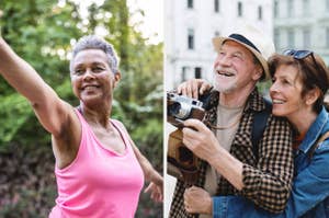 Left: Woman in activewear smiling and stretching. Right: Man and woman smiling while sightseeing; man holding a camera