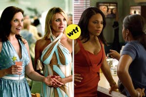 Toni Collette and Cameron Diaz in sundresses looking concerned/shocked, Sanaa Lathan in a red dress talking to a woman in a blue outfit in a side-by-side photo with a yellow "wtf" badge