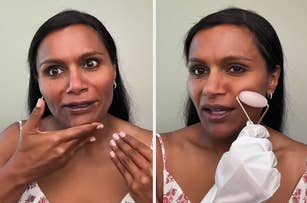 Mindy Kaling demonstrates using skincare tools; on the left, she applies a product to her face with her hand, and on the right, uses a facial roller