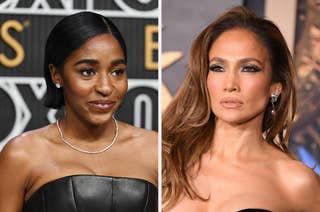 Left to right: Ayo Edebiri in a strapless black dress, and Jennifer Lopez in a black one-shoulder dress with statement earrings at a celebrity event