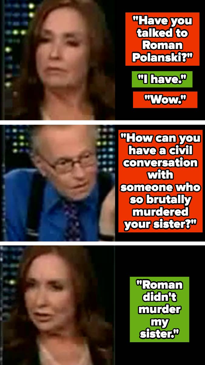Three-panel interview image of Larry King and Debra Tate discussing Roman Polanski and the murder of her sister. Text in the image is about their conversation