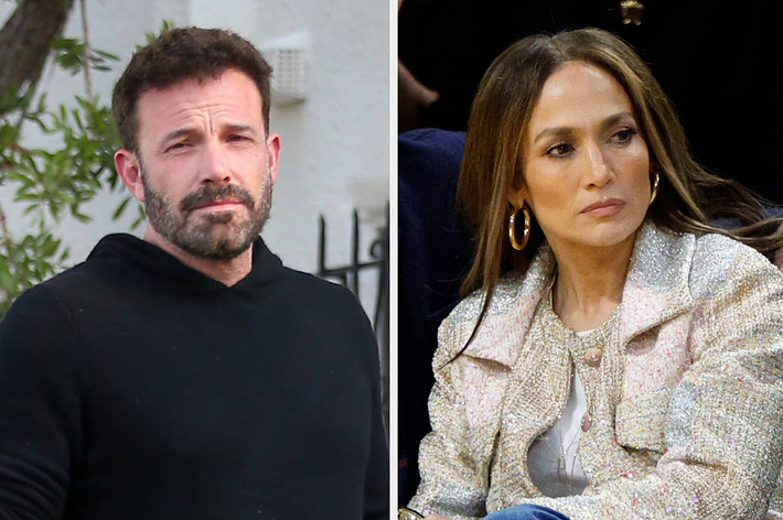 Ben Affleck is seen outside wearing a casual black hoodie. Jennifer Lopez is seated indoors wearing a stylish, glittery jacket and large hoop earrings