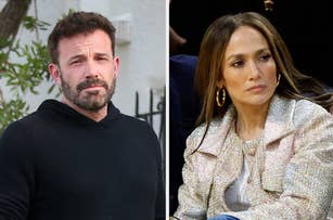 Ben Affleck is seen outside wearing a casual black hoodie. Jennifer Lopez is seated indoors wearing a stylish, glittery jacket and large hoop earrings