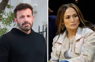 Ben Affleck is seen outside wearing a casual black hoodie. Jennifer Lopez is seated indoors wearing a stylish, glittery jacket and large hoop earrings