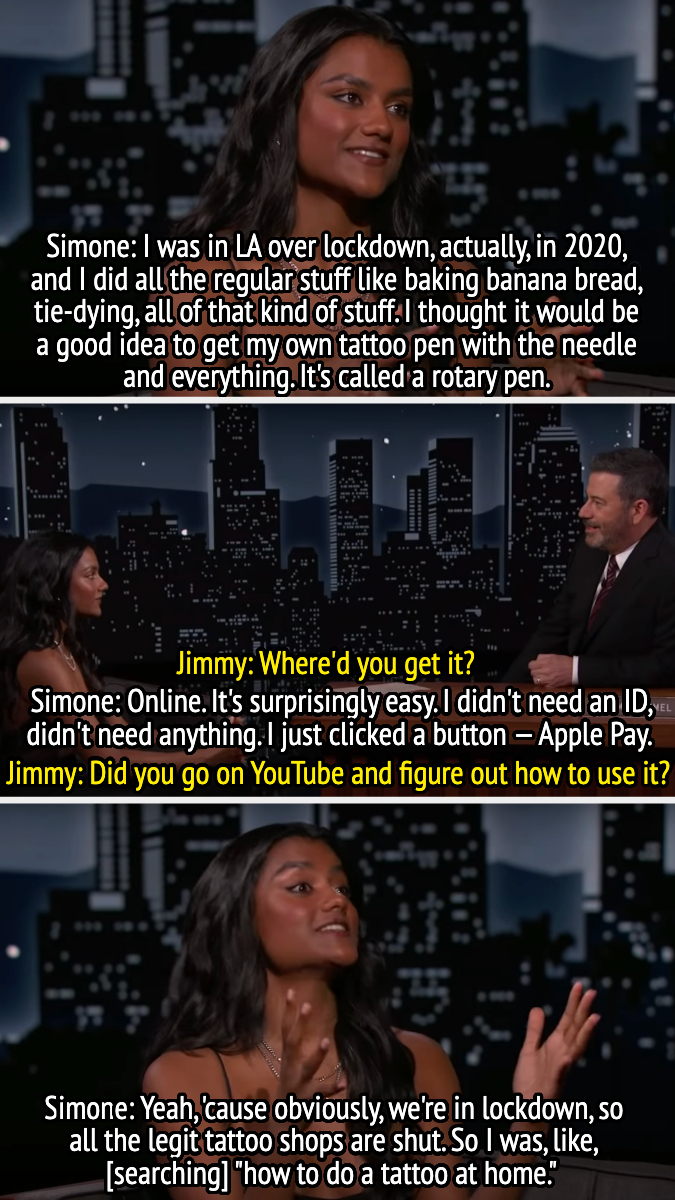 Simone Ashley discusses her experiences during lockdown with Jimmy Kimmel, including buying and using a tattoo pen and searching for YouTube videos