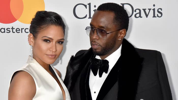 Cassie Ventura in a sleeveless gown and Sean &#x27;Diddy&#x27; Combs in a tuxedo with a fur accent at a Clive Davis event