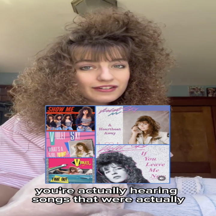 Woman with curly hair holding a collage including album covers and a photo of a woman with curly hair, with the text: "You're actually hearing songs that were actually."
