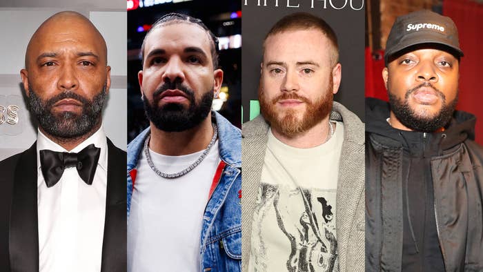 Joe Budden in a suit, Drake in a casual jacket with a chain necklace, Rory Farrell with a beard and coat, Mal in a hat and hoodie