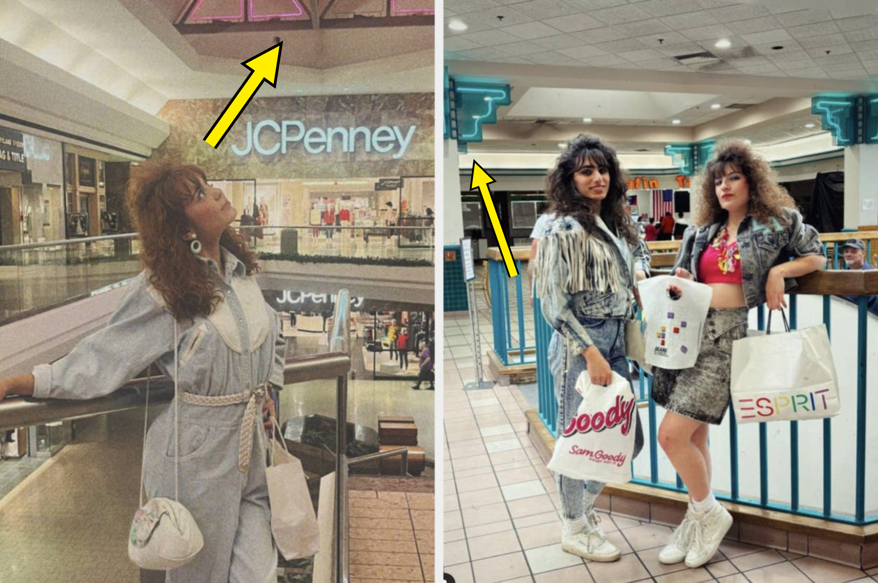 Two images side by side of people in 1980s outfits. Left: Woman in a jumpsuit poses at a mall near JCPenney. Right: Two women in denim and patterned clothing hold shopping bags