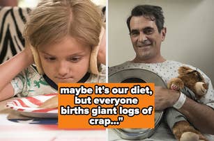 A girl with toast on her ears stares at a plate. A man, holding a stuffed bear and a plate, smiles. Text on image: "maybe it’s our diet, but everyone births giant logs of crap..."