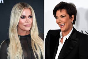 Khloé Kardashian in a sheer dress and Kris Jenner in a black blazer and white shirt, both smiling