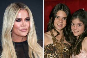 Khloé Kardashian on the left in a sleek, black outfit. Young Kendall and Kylie Jenner on the right; Kendall in animal print, Kylie in a light dress