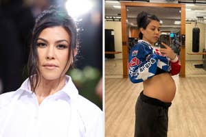 Kourtney Kardashian on a red carpet in a chic outfit, and in a gym taking a mirror selfie, showcasing her baby bump in a casual jacket and sweatpants