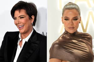 Kris Jenner in a black suit with an open collar and Khloé Kardashian in a metallic, high-neck dress